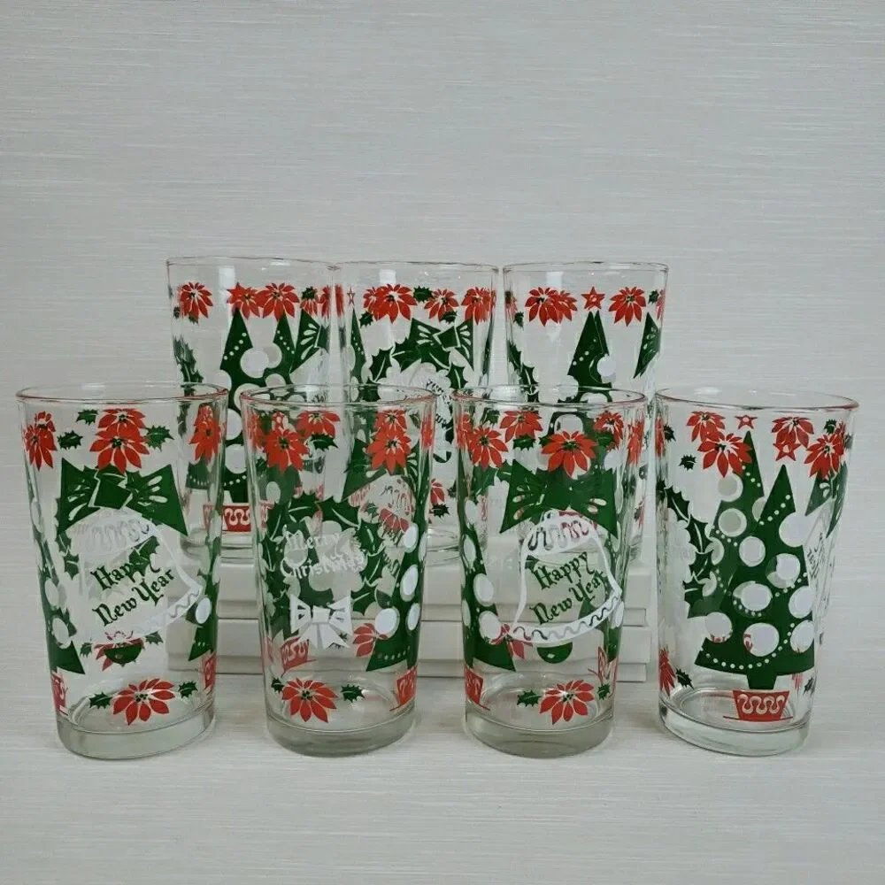 Vintage 7 Merry Christmas Happy New Year Cups Tumblers Continental Glass MCM